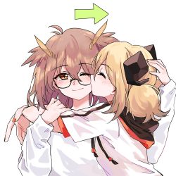 Rule 34 | 2girls, ;), arknights, arm up, arrow (symbol), black-framed eyewear, blonde hair, blush, brown eyes, brown hair, closed mouth, commentary, english commentary, closed eyes, glasses, hand on another&#039;s head, highres, hood, hood down, hoodie, ifrit (arknights), kiss, kissing cheek, long hair, long sleeves, low twintails, multiple girls, nail polish, one eye closed, orange nails, puffy long sleeves, puffy sleeves, rotem (25rot), semi-rimless eyewear, shirt, short sleeves, silence (arknights), simple background, sleeves past wrists, smile, twintails, under-rim eyewear, upper body, white background, white hoodie, white shirt, yuri