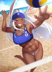 Rule 34 | 1girl, abs, absurdres, animal ears, armband, armpits, arms up, ball, beach, beach volleyball, blue headwear, blurry, blurry background, blush, boku no hero academia, breasts, dark-skinned female, dark skin, highres, japanese flag print, jewelry, large breasts, long eyelashes, long hair, midair, mirko, muscular, muscular female, necklace, parted bangs, playing sports, rabbit ears, rabbit girl, red armband, red eyes, smile, spiking, sportswear, sweat, thighs, toin (iitoin), toned, visor cap, volleyball, volleyball (object), volleyball net, white hair