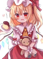 Rule 34 | 1girl, absurdres, animal ears, arm up, ascot, back bow, bear ears, black eyes, blonde hair, blush, bow, closed mouth, collared shirt, commentary request, crystal, dark-skinned female, dark skin, dorowa (drawerslove), dress, flandre scarlet, food, frills, grey shirt, hair between eyes, hand up, hat, hat ribbon, heart, highres, hug, jewelry, looking to the side, mob cap, multicolored wings, one side up, open mouth, orange hair, plate, pudding, puffy short sleeves, puffy sleeves, red bow, red dress, red eyes, red ribbon, ribbon, shirt, short hair, short sleeves, simple background, smile, solo, standing, stuffed animal, stuffed toy, teddy bear, touhou, translation request, white background, white bow, white hat, wings, wrist cuffs, yellow ascot