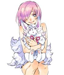 Rule 34 | 1girl, animal, bad anatomy, bare shoulders, blush, breasts, chestnut mouth, fate/grand order, fate (series), fou (fate), hair over one eye, holding, holding animal, hoshino lily, looking at viewer, mash kyrielight, pink ribbon, purple eyes, purple hair, ribbon, short hair, simple background, sitting, smile, solo, white background