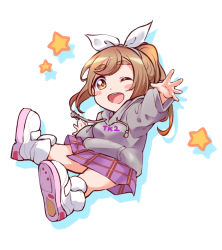 Rule 34 | 1girl, ;d, alternate hairstyle, blush stickers, brown hair, chibi, clothes writing, drawstring, drop shadow, full body, grey hoodie, hair ribbon, hood, hood down, hoodie, kanabun, kunikida hanamaru, long sleeves, looking at viewer, love live!, love live! sunshine!!, miniskirt, one eye closed, open mouth, outstretched arms, plaid, plaid skirt, ponytail, purple eyes, ribbon, shoes, sidelocks, skirt, smile, sneakers, solo, spread arms, star (symbol), thick eyebrows, white background, white footwear, white ribbon, yellow eyes