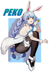 Rule 34 | 1girl, absurdres, alternate hair color, animal ear fluff, animal ears, bare shoulders, black pantyhose, blue hair, braid, brown eyes, carrot hair ornament, commentary, detached sleeves, don-chan (usada pekora), dress, drop shadow, eyebrows hidden by hair, food-themed hair ornament, full body, hair ornament, highres, hololive, knees up, long hair, looking at viewer, open mouth, pantyhose, puffy short sleeves, puffy sleeves, rabbit ears, shoes, short sleeves, strapless, strapless dress, thick eyebrows, twin braids, twintails, usada pekora, usada pekora (1st costume), very long hair, virtual youtuber, white dress, white footwear, white sleeves, yukizawa xueze