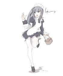 Rule 34 | 1girl, alternate costume, apron, basket, black dress, bottle, bread, collared shirt, dress, enmaided, food, frilled apron, frills, grey hair, highres, kantai collection, kasumi (kancolle), long hair, maid, maid apron, maid headdress, milk bottle, shirt, side ponytail, solo, standing, standing on one leg, sweatdrop, tada (tactical tada), thighhighs, white apron, white thighhighs, yellow eyes