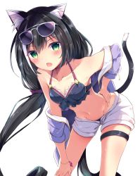 Rule 34 | 1girl, animal ear fluff, animal ears, arm support, bikini, black bikini, black hair, blush, breasts, cat ears, cat girl, cat tail, cleavage, collarbone, commentary request, drawstring, eyewear on head, fang, green eyes, grey-framed eyewear, hair between eyes, hand on own hip, hinata yuu (atelierhinata), jacket, karyl (princess connect!), karyl (summer) (princess connect!), leaning forward, long sleeves, looking at viewer, low twintails, multicolored hair, navel, off shoulder, open clothes, open fly, open jacket, open mouth, open shorts, princess connect!, purple jacket, short shorts, shorts, simple background, small breasts, solo, standing, streaked hair, sunglasses, swimsuit, tail, twintails, v-shaped eyebrows, white background, white hair, white shorts