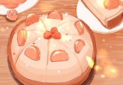 Rule 34 | bird, chai (drawingchisanne), commentary request, food, fruit, highres, light particles, macaron, original, pastry, plate, raspberry, signature, sliced, sweets, tart (food), undersized animal