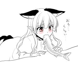 Rule 34 | 1girl, animal ears, bad id, bad pixiv id, cat ears, cat tail, dress, fish, frilled sleeves, frills, isaki (gomi), kaenbyou rin, long hair, long sleeves, multiple tails, pointy ears, red eyes, sexually suggestive, spot color, tail, tears, touhou, translation request