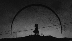 1girl animal_ears cat fantasy greyscale highres horror_(theme) landscape monochrome moon night original rune_xiao scenery shadow silhouette skirt sky solo standing