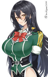 Rule 34 | 1girl, arms behind back, black hair, blush, bow, breasts, chamumi (mochiumee), chikuma (kancolle), chikuma kai ni (kancolle), closed mouth, hair between eyes, highres, kantai collection, large breasts, long hair, looking at viewer, pelvic curtain, red bow, simple background, solo, twitter username, very long hair, white background