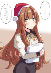 Rule 34 | 1girl, blunt bangs, brown hair, fur-trimmed headwear, fur trim, green eyes, hat, helena (kancolle), helena kai (kancolle), highres, kanade (kanadeya), kantai collection, long hair, long sleeves, military, military uniform, neck ribbon, red hat, ribbon, santa hat, solo, speech bubble, star (symbol), translation request, uniform