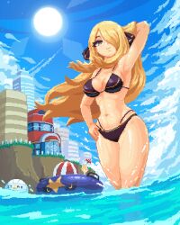 Rule 34 | 1girl, arm behind head, arm up, ball, beachball, bikini, black bikini, black ribbon, blonde hair, blue sky, blush, breasts, cloud, creatures (company), cup, curvy, cynthia (pokemon), drinking glass, floating hair, game freak, garchomp, gen 3 pokemon, gen 4 pokemon, glass, grey eyes, hair ribbon, hand on own hip, innertube, itzah, large breasts, lens flare, long hair, looking at viewer, navel, nintendo, outdoors, pixel art, pokemon, pokemon bw, ribbon, sky, smile, solo, sun, swim ring, swimsuit, thick thighs, thighs, very long hair, water, wine glass
