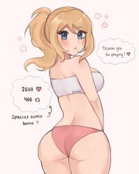 Rule 34 | 1girl, artist name, ass, blonde hair, breasts, commentary, english commentary, from behind, highres, looking at viewer, looking back, median furrow, medium breasts, metroid, mole, mole under mouth, nintendo, panties, parted lips, pink panties, ponytail, purple eyes, purrlucii, samus aran, solo, strapless, tube top, twitter, underwear, white background