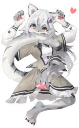Rule 34 | 1girl, absurdres, animal ears, barefoot, biting, blouse, blush, body fur, claw pose, claws, fangs, female focus, full body, furry, furry female, grey fur, grey shirt, grey skirt, hair ornament, highres, jumping, layered sleeves, leopard ears, leopard girl, leopard tail, long hair, long sleeves, looking at viewer, original, pawpads, shirt, short over long sleeves, short sleeves, simple background, skirt, solo, tail, tail biting, white background, white hair, yenamika