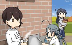 Rule 34 | 3girls, ahoge, alternate costume, bag, bench, black hair, blue pants, blue sky, brick wall, brown eyes, clothes writing, cloud, commentary request, cup, dated, day, disposable cup, food, grey eyes, grey hair, hair between eyes, hair bun, hamu koutarou, highres, kaga (kancolle), kantai collection, kiyoshimo (kancolle), long hair, low twintails, multiple girls, one-hour drawing challenge, outdoors, pants, paper bag, side ponytail, single hair bun, sky, spray can, sweater, sweet potato, track pants, translation request, twintails, ushio (kancolle), white sweater