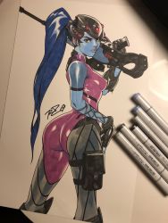 Rule 34 | 1girl, artist request, ass, blue skin, colored skin, gun, highres, lips, markers, overwatch, overwatch 1, rifle, sniper rifle, solo, source request, tagme, traditional media, weapon, widowmaker (overwatch)