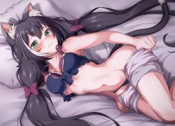 Rule 34 | 1girl, animal ear fluff, animal ears, bikini, black bikini, black hair, blush, breasts, cat ears, cat girl, cat tail, cleavage, closed mouth, clothes pull, green eyes, hip bones, karyl (princess connect!), karyl (summer) (princess connect!), long hair, looking at viewer, low twintails, lying, medium breasts, multicolored hair, navel, on side, open clothes, open shorts, pillow, princess connect!, shorts, shorts pull, solo, streaked hair, swimsuit, tail, thighs, twintails, urayama (backmountain), white hair, white shorts