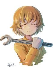 Rule 34 | 1girl, artist name, brown eyes, brown hair, closed eyes, closed mouth, commentary, cropped torso, facing viewer, freckles, girls und panzer, gloves, highres, holding, holding wrench, jumpsuit, kuroneko douji, long sleeves, orange jumpsuit, short hair, signature, simple background, sketch, smile, solo, tsuchiya (girls und panzer), white background, white gloves, wrench