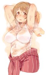 Rule 34 | 1girl, 7010, armpits, arms up, blush, bra, bra visible through clothes, breasts, brown eyes, brown hair, commentary request, flower, hair flower, hair ornament, idolmaster, idolmaster cinderella girls, large breasts, looking at viewer, mimura kanako, navel, open mouth, overalls, plump, red overalls, see-through, shirt, short hair, short sleeves, simple background, smile, solo, striped, sweat, towel, underwear, vertical stripes, wet, wet clothes, white bra, white shirt