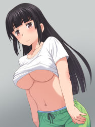 Rule 34 | 1girl, black hair, blunt bangs, blush, breasts, brown eyes, clothes lift, collarbone, gradient background, grey background, large breasts, long hair, looking at viewer, meow (nekodenki), navel, no bra, original, shirt lift, smile, solo, standing, underboob