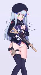 Rule 34 | 1girl, assault rifle, bebetang, beret, black hat, blue hair, bow, bow panties, breasts, cleavage, commentary request, cowboy shot, facial mark, girls&#039; frontline, gloves, green eyes, gun, h&amp;k hk416, hair ornament, handgun, hat, highres, hk416 (girls&#039; frontline), holding, holding gun, holding weapon, holstered, jacket, large breasts, long hair, long sleeves, no pants, panties, purple thighhighs, rifle, solo, suppressor, surprised, thighhighs, torn clothes, torn jacket, trigger discipline, underwear, vertical forward grip, weapon, white gloves, white panties