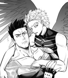 Rule 34 | 2boys, absurdres, bare shoulders, bodysuit, boku no hero academia, clothes pull, collarbone, couple, endeavor (boku no hero academia), facial hair, feathered wings, flying, grabbing, greyscale, hawks (boku no hero academia), helen roro, highres, large pectorals, looking at viewer, male focus, mature male, monochrome, multiple boys, muscular, muscular male, pectoral cleavage, pectoral grab, pectorals, pulling another&#039;s clothes, scar, scar across eye, scar on face, shirt, shirt pull, short hair, sideburns, sleeveless, sleeveless shirt, spiked hair, spread wings, stubble, upper body, wings, yaoi