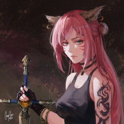 Rule 34 | 1girl, animal ear request, animal ears, arm tattoo, black gloves, black shirt, bracelet, breasts, brown background, character request, cleavage, closed mouth, collar, dated, earrings, facial mark, final fantasy, final fantasy xiv, fingerless gloves, gloves, grey eyes, hair bun, highres, holding, holding sword, holding weapon, jewelry, long hair, looking at viewer, luxearte, medium breasts, pink hair, portrait, shirt, sidelocks, signature, solo, sword, tank top, tattoo, weapon, whisker markings