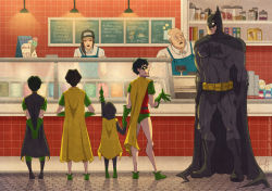 Rule 34 | 1girl, 6+boys, age difference, batman, batman (series), belt, boots, brothers, bruce wayne, candy, cape, child, damian wayne, dc comics, dick grayson, domino mask, eri h, family, father and son, food, gloves, green footwear, hood, hoodie, ice cream, jason todd, mask, multiple boys, robin (dc), shoes, shop, siblings, size difference, tim drake, time paradox, aged down