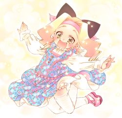 Rule 34 | 1girl, animal ears, bad id, bad pixiv id, blonde hair, bloomers, cat ears, dress, fang, floral print, jumping, muta ninini, ninini, open mouth, original, solo, sumachii, thighhighs, underwear, white thighhighs