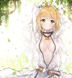 Rule 34 | 10s, 1girl, ahoge, arms behind back, arms up, backlighting, bad id, bad twitter id, belt, belt skirt, blonde hair, blush, bodysuit, breasts, bridal veil, center opening, chain, closed mouth, commentary request, fate/extra, fate/extra ccc, fate (series), grass, green eyes, hair intakes, leaf, liby (libtnvd), lock, looking to the side, medium breasts, nero claudius (bride) (fate), nero claudius (fate), nero claudius (fate) (all), outdoors, padlock, sidelocks, sitting, solo, tareme, unzipped, veil