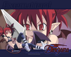 Rule 34 | bat wings, disgaea, earrings, etna (disgaea), jewelry, polearm, red eyes, red hair, spear, tagme, tail, text focus, thighhighs, watermark, weapon, web address, wings