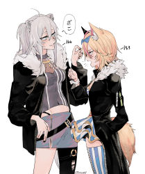 Rule 34 | 2girls, absurdres, animal ears, black jacket, blonde hair, blue bow, blush, bow, breasts, cleavage, covered navel, fox ears, fox girl, fox tail, from side, fur trim, grey eyes, hair bow, hand in pocket, highres, hololive, jacket, kakult2017, lion ears, lion girl, lion tail, looking at another, looking down, medium breasts, multiple girls, o-ring, o-ring thigh strap, omaru polka, omaru polka (1st costume), open mouth, parted lips, purple eyes, see-through, see-through cleavage, shishiro botan, shishiro botan (1st costume), single leg pantyhose, skirt, smile, speech bubble, striped clothes, striped skirt, tail, thigh strap, thighhighs, torn clothes, torn legwear, translated, virtual youtuber, white background, wrist cuffs