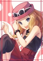 Rule 34 | 1girl, bare shoulders, black shirt, black thighhighs, blonde hair, blue eyes, bracelet, creatures (company), eyewear on headwear, game freak, hat, highres, jewelry, long hair, looking at viewer, nintendo, open mouth, pokemon, pokemon xy, red hat, red skirt, serena (pokemon), shirt, signature, skirt, sleeveless, sleeveless shirt, solo, teeth, thighhighs, upper teeth only, wakame1441