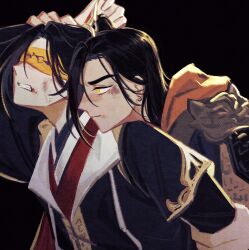 2boys alternate_hairstyle arm_behind_head armor black_background black_hair black_hanfu blindfold blood blood_on_face brown_hanfu bruise bruise_on_face chinese_clothes closed_mouth earrings feng_xin flclrnldudnj frown glaring grabbing_another&#039;s_hair hair_down hair_ornament hand_in_another&#039;s_hair hand_up hanfu high_ponytail highres holding_another&#039;s_arm injury jewelry layered_clothes long_hair male_focus mu_qing_(tianguan_cifu) multiple_boys open_mouth orange_trim ponytail red_robe ribbon robe shoulder_armor simple_background tianguan_cifu upper_body xiao_guan_(headdress) yaoi yellow_blindfold yellow_eyes yellow_ribbon