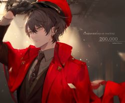 Rule 34 | 1boy, arm up, black gloves, brown hair, closed mouth, coat, collared shirt, commentary request, earrings, english text, expressionless, fuyuomi, gloves, hair between eyes, hat, jewelry, kagami hayato, looking to the side, male focus, necktie, nijisanji, red coat, red hat, shirt, short hair, solo, vest, virtual youtuber