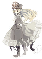 Rule 34 | 1girl, arm cannon, belt, belt pouch, blonde hair, boots, brown eyes, claws, coat, dress, frilled sleeves, frills, from side, full body, goggles, goggles on headwear, hat, large hands, long hair, looking at viewer, original, pouch, scarf, shiromiso, simple background, smoke, solo, standing, walking, weapon, white background, wide sleeves