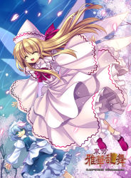 Rule 34 | 2girls, apron, blonde hair, blue sky, bow, capelet, capura lin, chair, cherry blossoms, dress, closed eyes, fairy wings, female focus, green eyes, hat, hat ribbon, juliet sleeves, letty whiterock, lily white, long hair, long sleeves, lowres, multiple girls, open mouth, outstretched arms, petals, pink dress, puffy sleeves, ribbon, shirt, short hair, silver hair, skirt, skirt set, sky, smile, touhou, tree, vesr, vest, waist apron, wide sleeves, wings