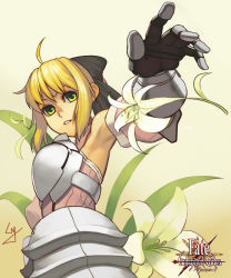 Rule 34 | 1girl, ahoge, armor, armored dress, artoria pendragon (fate), blonde hair, capcom, dress, fate/stay night, fate/unlimited codes, fate (series), flower, hair ribbon, lily (flower), ponytail, ribbon, saber (fate), saber lily, sidelocks, solo, yellow eyes, yuksi
