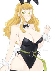 Rule 34 | 1girl, alternate costume, animal ears, black bow, black bowtie, black clover, black leotard, black thighhighs, bow, bowtie, breasts, cleavage, covered navel, detached collar, earrings, fake animal ears, fake tail, green eyes, highres, jewelry, large breasts, leotard, light brown hair, long hair, mimosa vermillion, o-ring, playboy bunny, rabbit ears, rabbit tail, rizaavana, simple background, smile, solo, tail, thighhighs, white background, wrist cuffs
