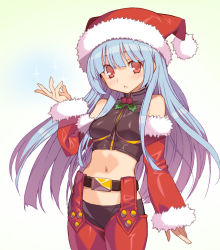 Rule 34 | 1girl, :o, adapted costume, bare shoulders, blue hair, blush, chaps, christmas, detached sleeves, hat, holly, kula diamond, long hair, looking at viewer, mistletoe, navel, onono imoko, santa hat, simple background, solo, the king of fighters