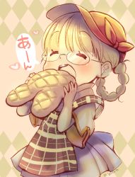 Rule 34 | 1girl, ^ ^, apron, blonde hair, blunt bangs, blush, bread, chibi, closed eyes, diamond (shape), dress, eating, food, hair rings, happy, hat, heart, highres, holding, holding food, made in abyss, melon bread, open mouth, plaid, plaid apron, red hat, riko (made in abyss), short sleeves, solo, speech bubble, toro astro