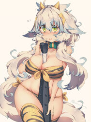 Rule 34 | 1girl, animal ears, animal print, bikini, blue hair, breasts, cleavage, collar, commentary request, green collar, grey background, hair between eyes, holding mace, kuromiya, large breasts, long hair, looking at viewer, mace, multicolored hair, original, print bikini, print thighhighs, shiromiya asuka (kuromiya), side-tie bikini bottom, simple background, solo, spiked mace, spikes, swimsuit, thighhighs, tiger print, two-tone hair, weapon, white hair, yellow bikini, yellow thighhighs