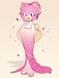 Rule 34 | 1girl, :3, :d, amy rose, animal nose, artist name, blush, commentary, english commentary, eyelashes, full body, furry, furry female, green eyes, hedgehog, hedgehog ears, highres, japanese clothes, kimono, looking at viewer, mekaiime, obi, open mouth, pink hair, sash, simple background, smile, solo, sonic (series), sparkle, standing, twitter username