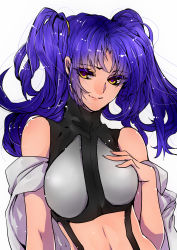 Rule 34 | 1girl, absurdres, blue hair, cross ange, hand on breast, highres, huxoran77, looking down, looking to the side, midriff, painttool sai (medium), salia (cross ange), solo, twintails, yellow eyes