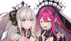 Rule 34 | 2girls, baobhan sith (fate), baobhan sith (second ascension) (fate), black bow, blue eyes, blush, bow, breasts, choker, closed mouth, crown, diamond (shape), dress, earrings, eiki (eikityou 55), eyes visible through hair, fate/grand order, fate (series), gem, grey eyes, grey hair, hair bow, hair ornament, jewelry, long hair, long sleeves, looking at viewer, morgan le fay (fate), multiple girls, off-shoulder dress, off shoulder, open mouth, pink hair, shadow, smile, spikes, teeth, uvula, vampire, white background