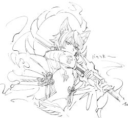Rule 34 | animal ears, basara (granblue fantasy), character name, collar, dog ears, erune, flipped hair, ghost, granblue fantasy, greyscale, holding, holding weapon, japanese clothes, male focus, monochrome, rope, shimenawa, simple background, smile, solo, upper body, weapon, white background, yuusya27