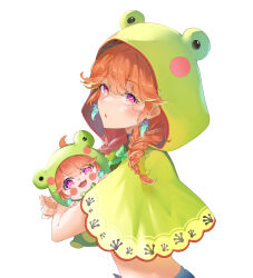 Rule 34 | 1girl, absurdres, animal costume, animal hood, chibi, choker, dual persona, earrings, feather earrings, feathers, frog, frog costume, frog hood, frogiwawa, green choker, highres, holding, hololive, hololive english, hood, jewelry, looking at viewer, lucferz, official alternate costume, onesie, open mouth, orange hair, purple eyes, simple background, smile, solo, takanashi kiara, takanashi kiara (casual), virtual youtuber, white background