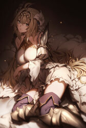 Rule 34 | 1girl, armor, armored dress, blonde hair, blue eyes, breasts, diadem, dress, feather hair ornament, feathers, flower, genyaky, granblue fantasy, hair flower, hair intakes, hair ornament, hairband, highres, jeanne d&#039;arc (granblue fantasy), large breasts, long hair, looking at viewer, open mouth, solo, thighs, white dress, white flower