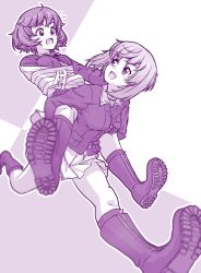 Rule 34 | 2girls, absurdres, akiyama yukari, blurry, blush, boots, carrying, commentary request, depth of field, foreshortening, girls und panzer, highres, looking at another, messy hair, monochrome, multiple girls, mushinosuke, nishizumi miho, ooarai military uniform, piggyback, short hair, simple background, smile, tape, translation request