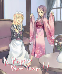 Rule 34 | 2girls, indoors, japanese clothes, kimono, maid, mikage sekizai, multiple girls, new year