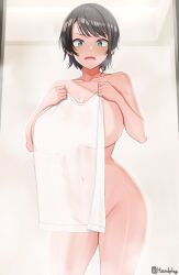 Rule 34 | 1girl, alternate breast size, artist name, black hair, blue eyes, blush, breasts, collarbone, covering breasts, covering privates, cowboy shot, handplug, highres, hololive, huge breasts, indoors, large breasts, naked towel, navel, oozora subaru, open mouth, see-through, short hair, solo, standing, steam, towel, virtual youtuber, white towel