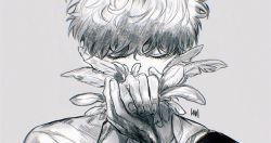 Rule 34 | 1boy, closed eyes, covered mouth, eyelashes, facing viewer, feathers, fingernails, greyscale, hands up, hanes 025, holding, korean commentary, monochrome, original, own hands together, portrait, short hair, simple background, solo